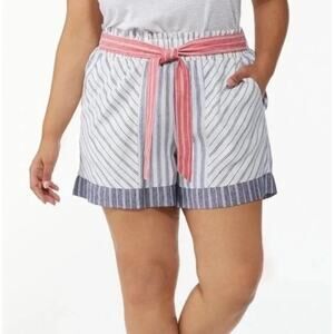 Cato Red White Blue Belted Shorts Womens L Linen Blend Comfort High Rise Striped